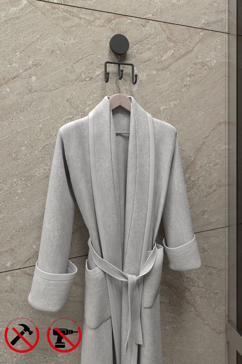 Lotus Yapışkanlı Siyah Üçlü Banyo Askılık, Banyo Askısı, Ister Yapıştır Ister Montajla