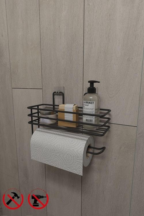 Yapışkanlı Raflı Kağıt Rulo Havluluk Peçetelik Havlu Kağıltlık Siyah Banyo Mutfak Düzenleyici Raf TŞ01-SOLO