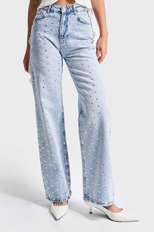 Kadın kot Rengi 4s5-3 Parlak Simetrik Taşlı Straight Fit Yüksek Bel Tasarım Denim Jean