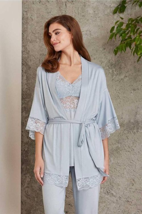 Dantelli Sabahlıklı Penye Pijama Takımı Mist