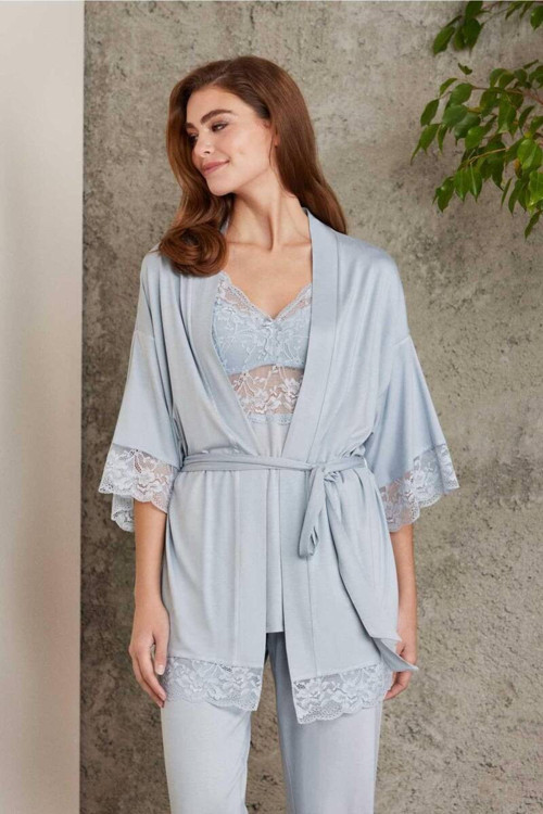 Dantelli Sabahlıklı Penye Pijama Takımı Mist