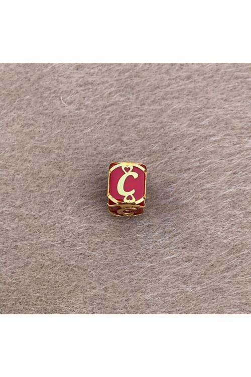 14 Ayar Altın Kafesli Kırmızı Boncuk C Harf Kolye Ucu