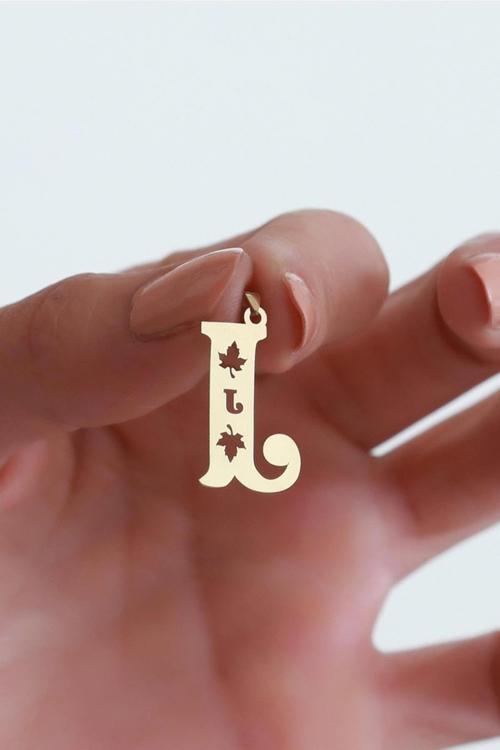 14 Ayar Altın Çınar Yaprağı L Harf Kolye Ucu