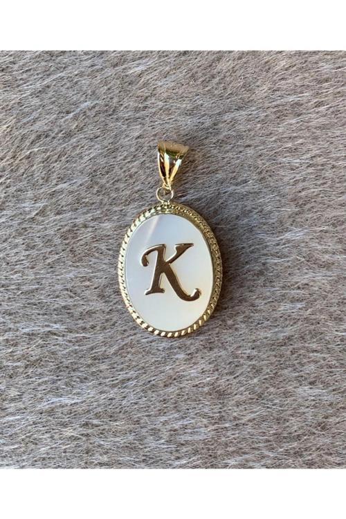 14 Ayar Altın Sedef Taşlı K Harf Kolye Ucu