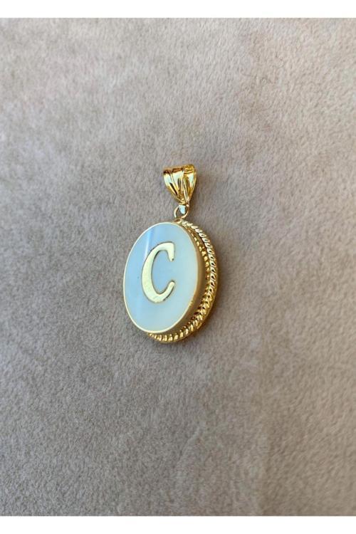 14 Ayar Altın Sedef Taşlı C Harf Kolye Ucu