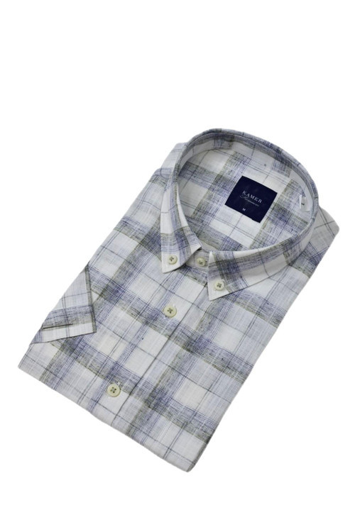 Erkek Klasik Ekose Kısa Kol Gömlek Pamuk Keten 9339 BGL-ST04586