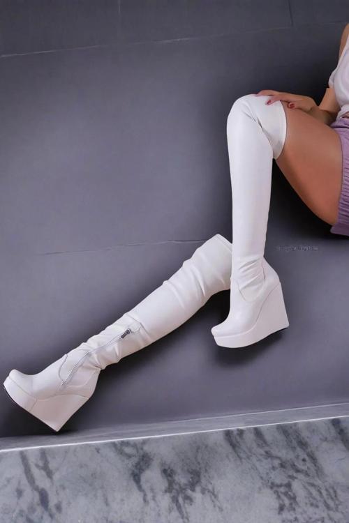Kadın Elegant Ayakkabı Dolgu Topuk Diz Üstü Streç Çizme Özel Tasarım Abiye Ayakkabı