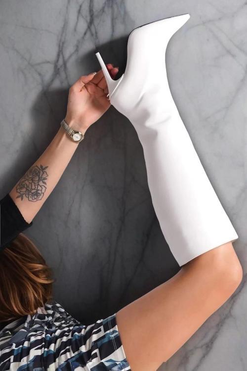 Kadın Elegant Ayakkabı Sivri Burun Yüksek Topuklu Diz Altı Çizme Özel Tasarım Abiye Ayakkabı