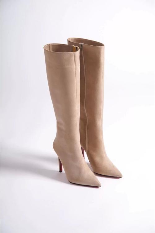 Kadın Elegant Ayakkabı Sivri Burun Yüksek Topuklu Diz Altı Çizme Özel Tasarım Abiye Ayakkabı