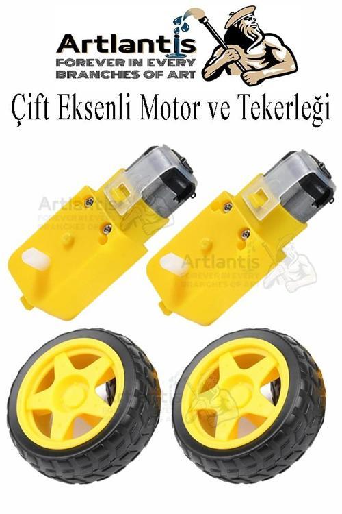 Çift Eksenli Motor 2 Adet ve Tekerlek 2 Adet Sarı Dc Motor Arduino Robotik Motor Tekerlek Deney Okul Bilim Araba Yapım