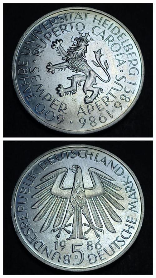 1986 Almanya 5Mark Heidelberg Üniversitesi 600.Yıl Dönümü ÇİL eski Hatıra para
