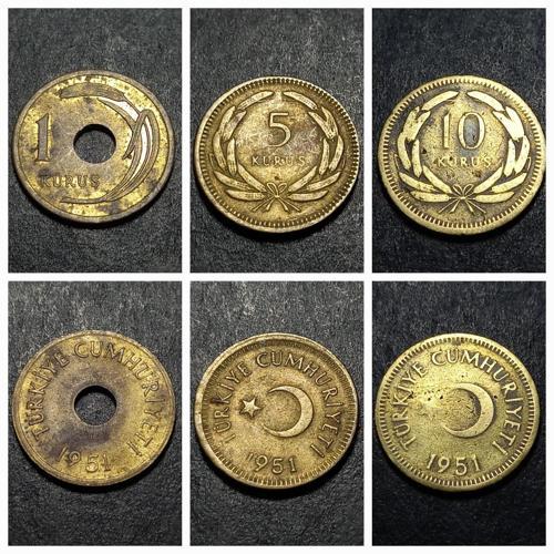 39963675f4ce0de7ce 1951 1/5/10 Kuruş ÇT/ÇÇT/CA eski madeni para