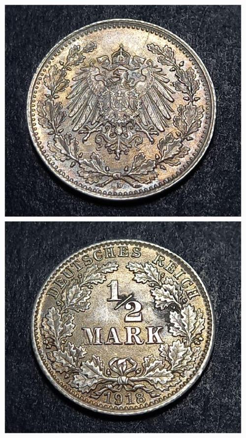 3996367671e711bf66 1918 Almanya ½Mark 2,78gram Gümüş CA eski yabancı madeni para