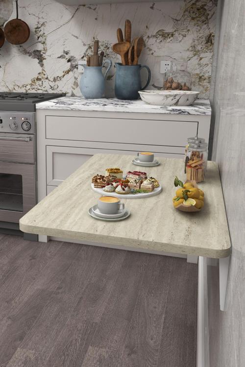60x90 cm İskandinav Tarzı Duvara Monte Katlanır Masa – Traverten Desenli, Oval Köşeli