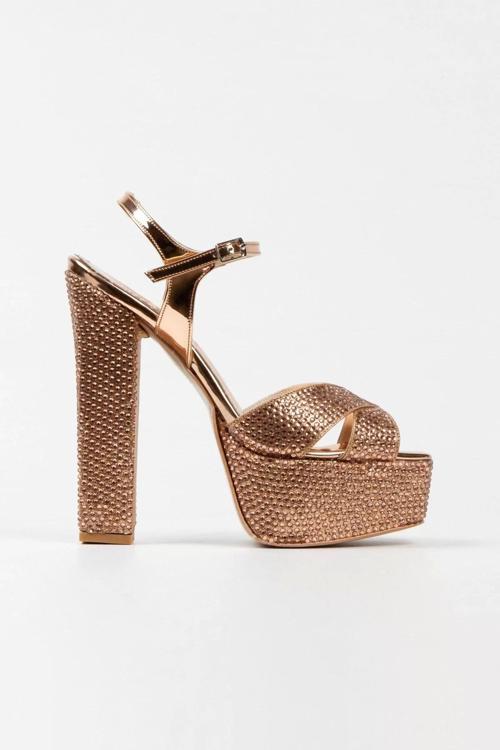 Kadın Moda Şık Gold Ayna Full Taşlı Klasik Köşe Kalıplı Kalın Düğün Nişan Gece Abiye Ayakkabı