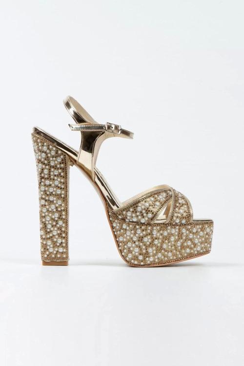 Kadın Moda Şık Gold Ayna Full Inci Taşlı Klasik Köşe Kalıplı Kalın Düğün Nişan Gece Abiye Ayakkabı