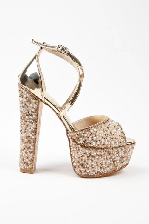 Kadın Moda Şık Gold Ayna Full Inci Düğün Nişan Gece Abiye Ayakkabı