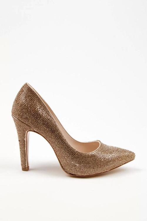 Kadın Moda Şık Gold Full Taş Aynalı Klasik Düğün Nişan Gece Abiye Ayakkabı