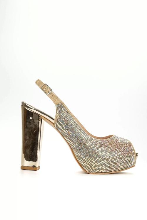 Kadın Moda Şık Gold Ayna Full Taş Yüksek Topuk Düğün Nişan Gece Abiye Ayakkabı