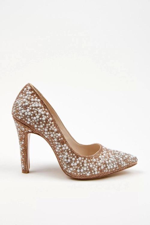Kadın Moda Şık Gold Full Inci Aynalı Klasik Düğün Nişan Gece Abiye Ayakkabı