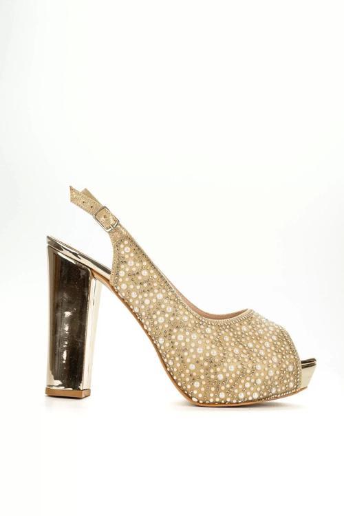 Kadın Moda Şık Gold Ayna Full Inci Taş Düğün Nişan Gece Abiye Ayakkabı