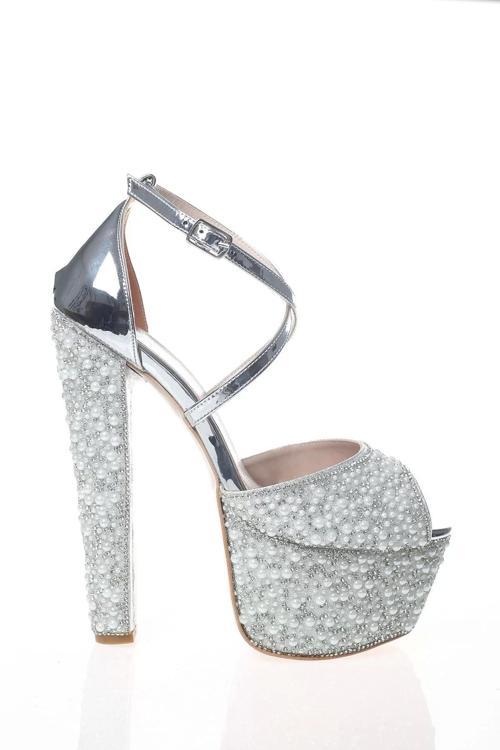 Kadın Moda Şık Gold Ayna Full Inci Taş Topuklu Düğün Nişan Gece Abiye Ayakkabı