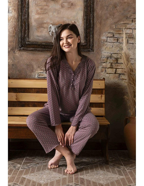 Kadın Nakış Detaylı V Yaka İnce Pijama Takım 4347 - 1 Adet 2XL-Eflatun