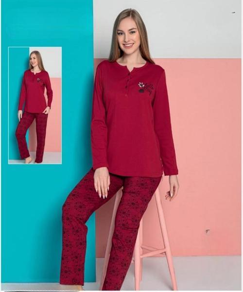 Kadın Viskon Penye Düğme Yaka Uzun Kol Pijama Takımı 10383 -1 Adet