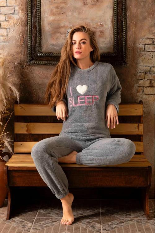 Charme Kadın Kışlık Peluş Pijama Takımı K-200-494 - 1 Adet Antrasit-S