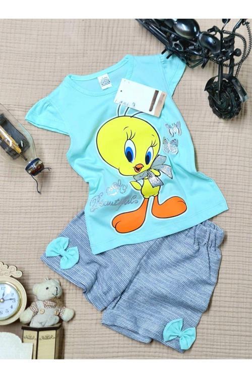 u Tweety Baskılı Simli Kelebekli Kısa Kollu  Fiyonklu Şortlu Kız Çocuk Takım