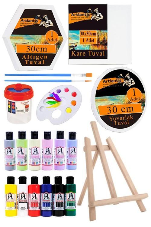 Kare Yuvarlak ve Altıgen Tuval 30 cm 12 Renk Akrilik Boya Şövale 1 Paket 30x30 cm Arkadan Zımbalı Astarlı Resim Tuvali