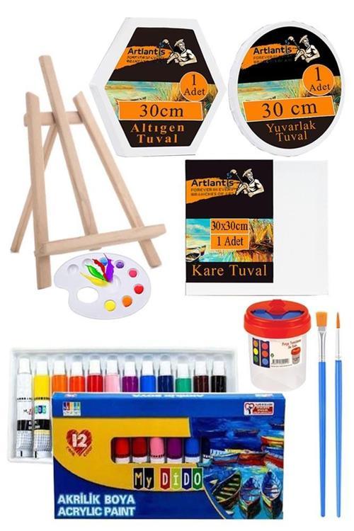 Kare Yuvarlak ve Altıgen Tuval 30 cm Mydido 12 Renk 12 ml Tüp Akrilik Boya Şövale 1 Paket Arkadan Zımbalı 30x30 cm Tuval