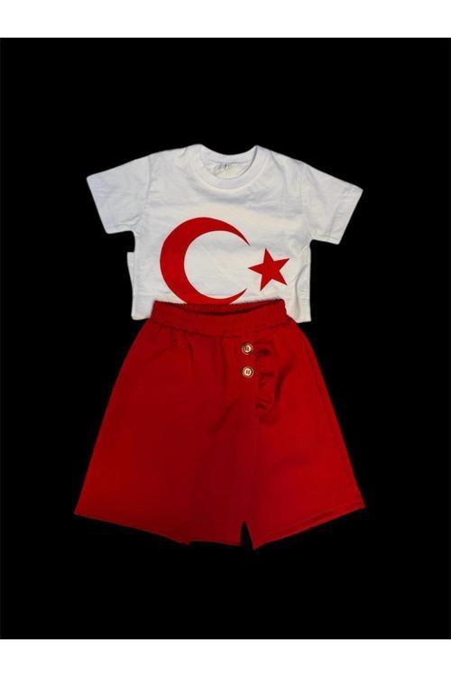 Unisex Kısa Kol Ayyıldız Baskılıı Tişört Ve Kırmızı Şort Etekli Takım