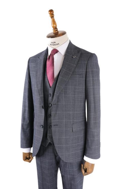 Erkek Şık Tasarım Yelekli Takım Elbise-KAV1029S