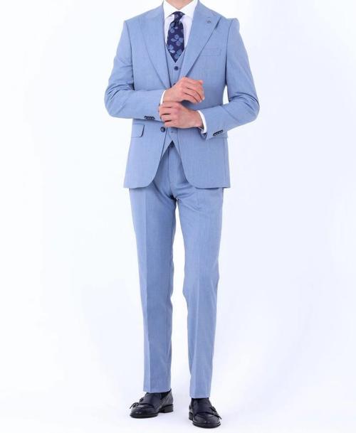 Slim Fit Yelekli Erkek Takım Elbise - Viskon Karışımlı Dört Mevsim Kullanılabilir-KAW1003S
