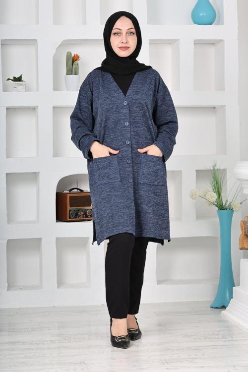 Kadın Molina Kumaş Kışlık Büyük Beden Düğmeli Rahat Kalıp Uzun Hırka