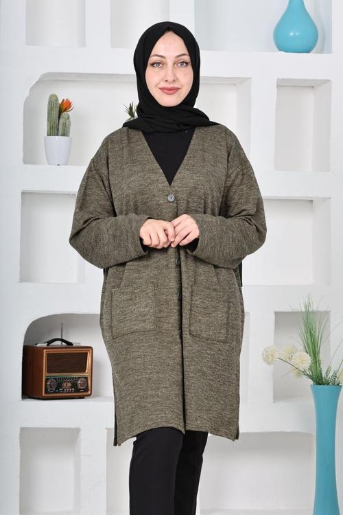 Kadın Molina Kumaş Kışlık Büyük Beden Düğmeli Rahat Kalıp Uzun Hırka