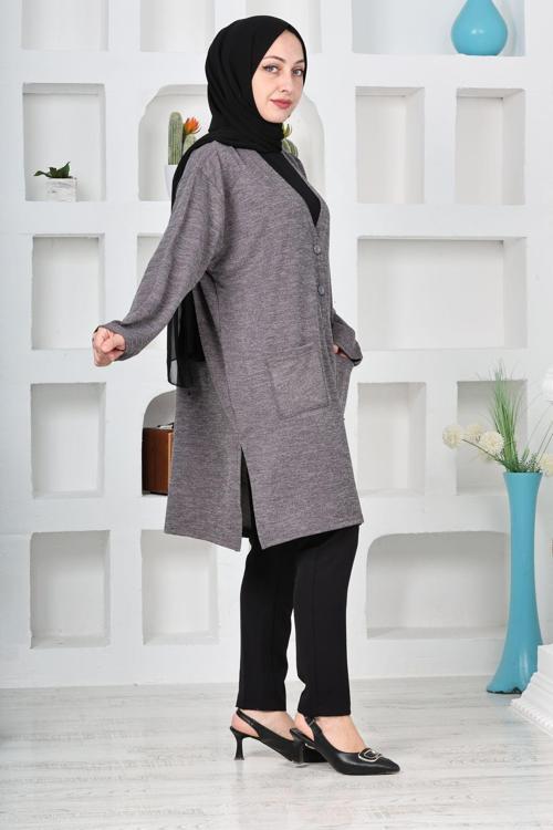 Kadın Molina Kumaş Kışlık Büyük Beden Düğmeli Rahat Kalıp Uzun Hırka