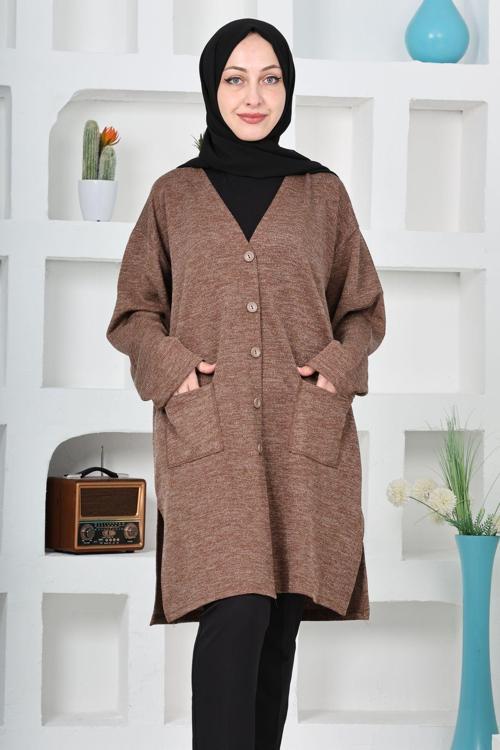 Kadın Molina Kumaş Kışlık Büyük Beden Düğmeli Rahat Kalıp Uzun Hırka