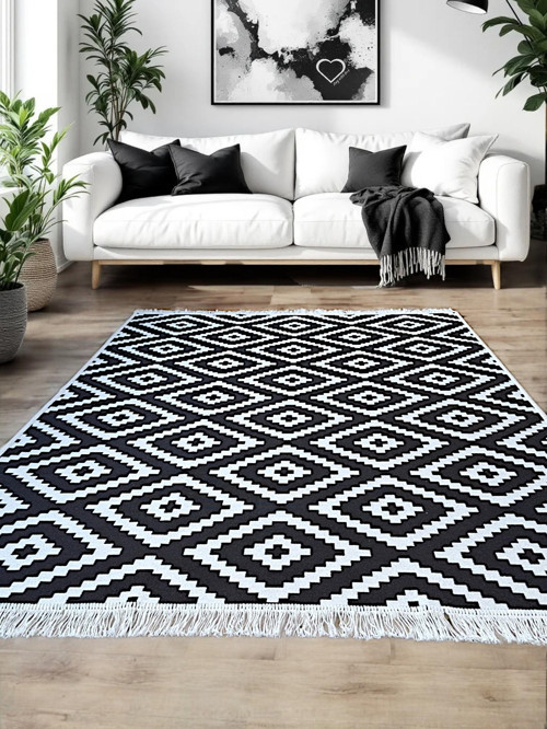 Kilim Çift Taraflı Kullanılabilir Makinede Yıkanabilir Siyah Beyaz Dokuma Kilim , Yolluk , Paspas