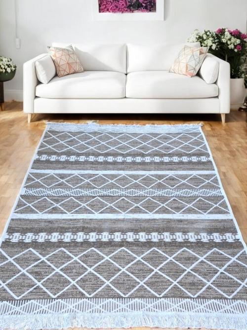 Dokuma Kilim Bej-Krem Çift Taraflı Kullanılabilir Makinede Yıkanabilir Pamuklu Dokuma Kilim 
