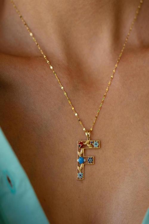 14 Ayar Altın F Harf Çiçek Kolye