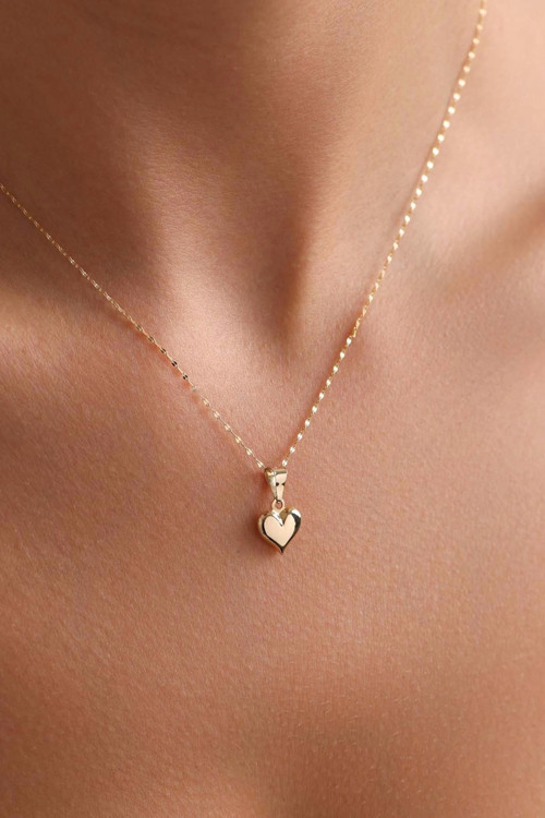 14 Ayar Altın Aynalı Zincir Kalp Kolye 1 mm