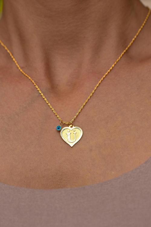 14 Ayar Altın Ü Harf Kalp Kolye