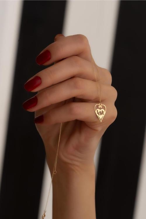 14 Ayar Altın Love Fiyonklu Kalpli Kolye