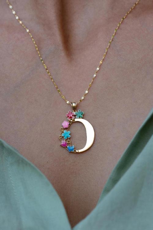 14 Ayar Altın Ö Harf Yarım Çiçekli Kolye