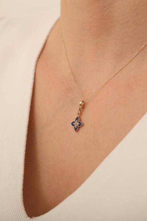 14 Ayar Altin Lacivert Lotus Çiçeği Kolye