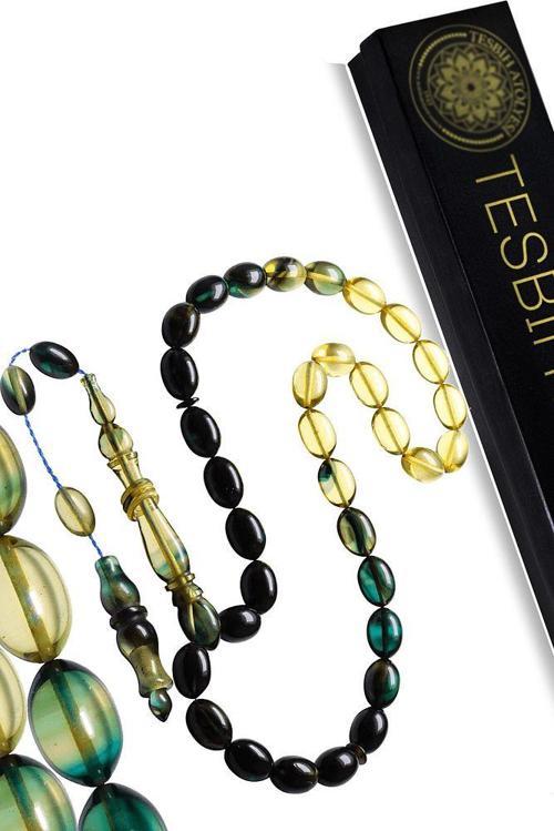 Sertifikalı Sistemli Mavi Siyah Renkli Ateş Kehribar Tesbih