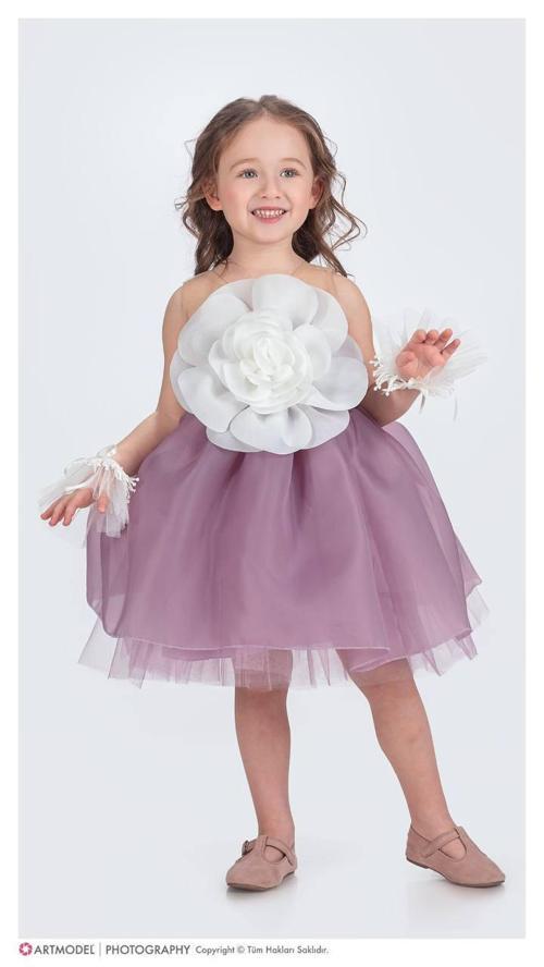 Kız Çocuk Gül Ve Tül Bileklik Detaylı Özel Gün Elbisesi Abiye 1681MO