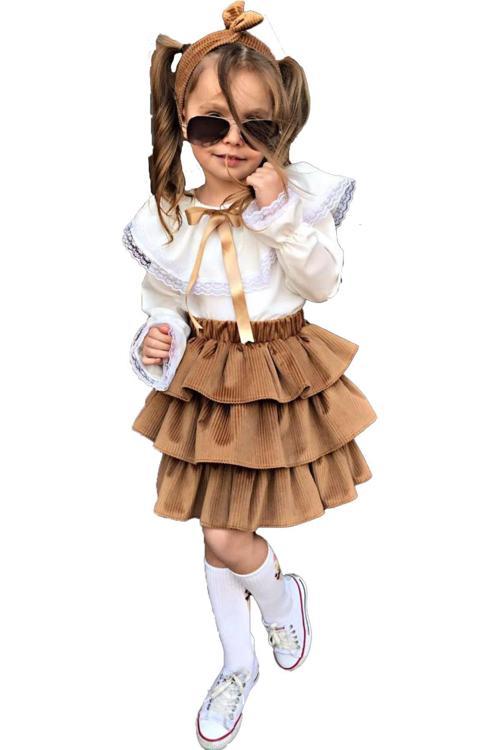 Kız Çocuk Üstü Volanlı Dantel İşlemeli Fırfırlı Etekli Takım 2909